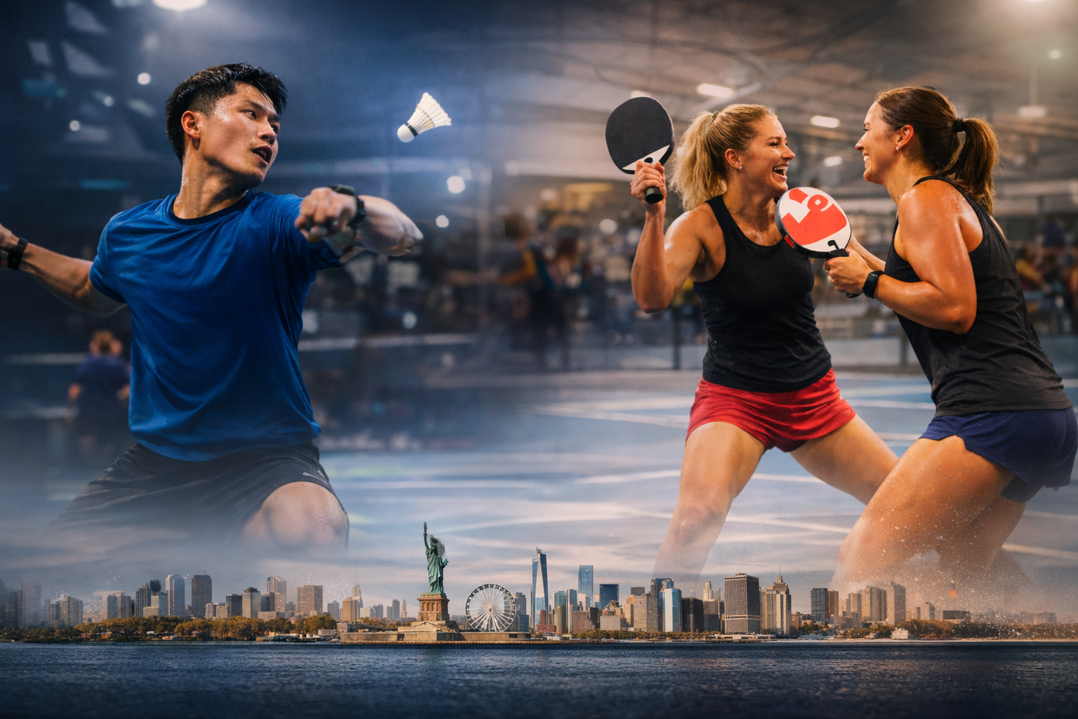 Badminton and pickleball players in action with the New York City skyline
